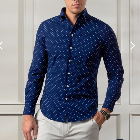 NWT ZACHARY PRELL Wilson Button Down Collared Shirt in Navy Swiss Dot Print - Picture 2 of 14